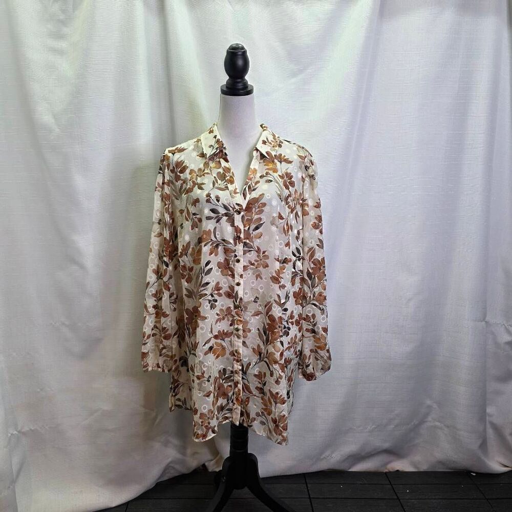 Susan Graver Cream and Brown Fall Leaf Print Button Down Blouse Size 2X